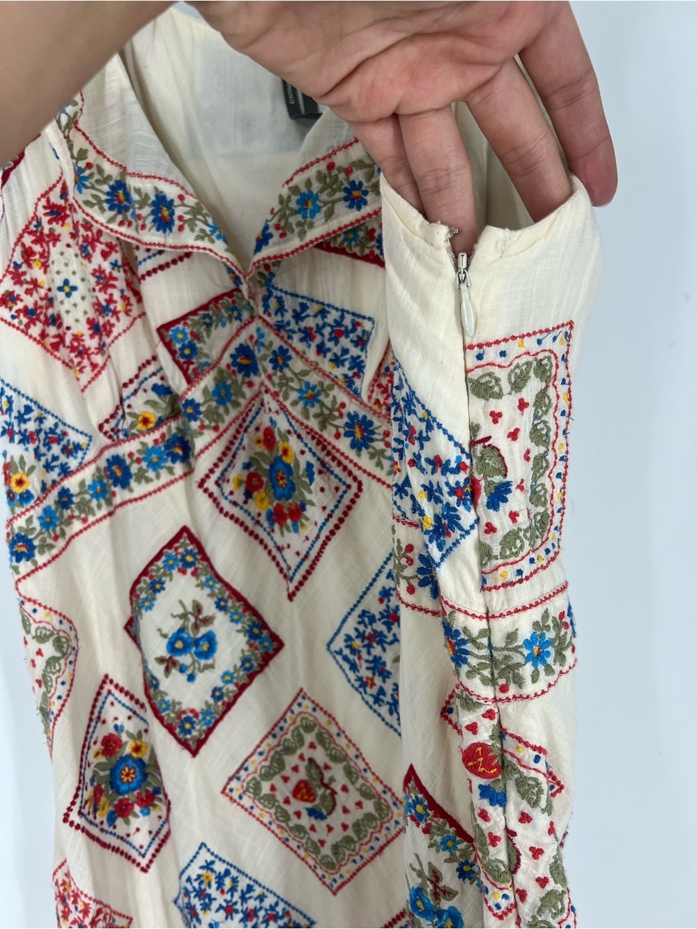 Anthropologie Cream Embroidered Floral Berry Tile-Print Hi-Low V Neck Midi Dress - Picture 7 of 9